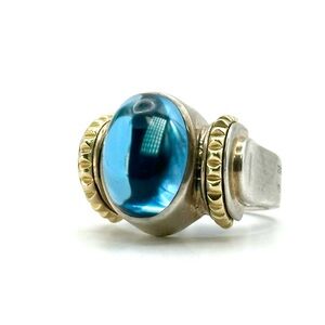 Lagos VINTAGE Caviar Blue Topaz Cabochon Sterling Silver & 18 KT Gold Ring Sie 7